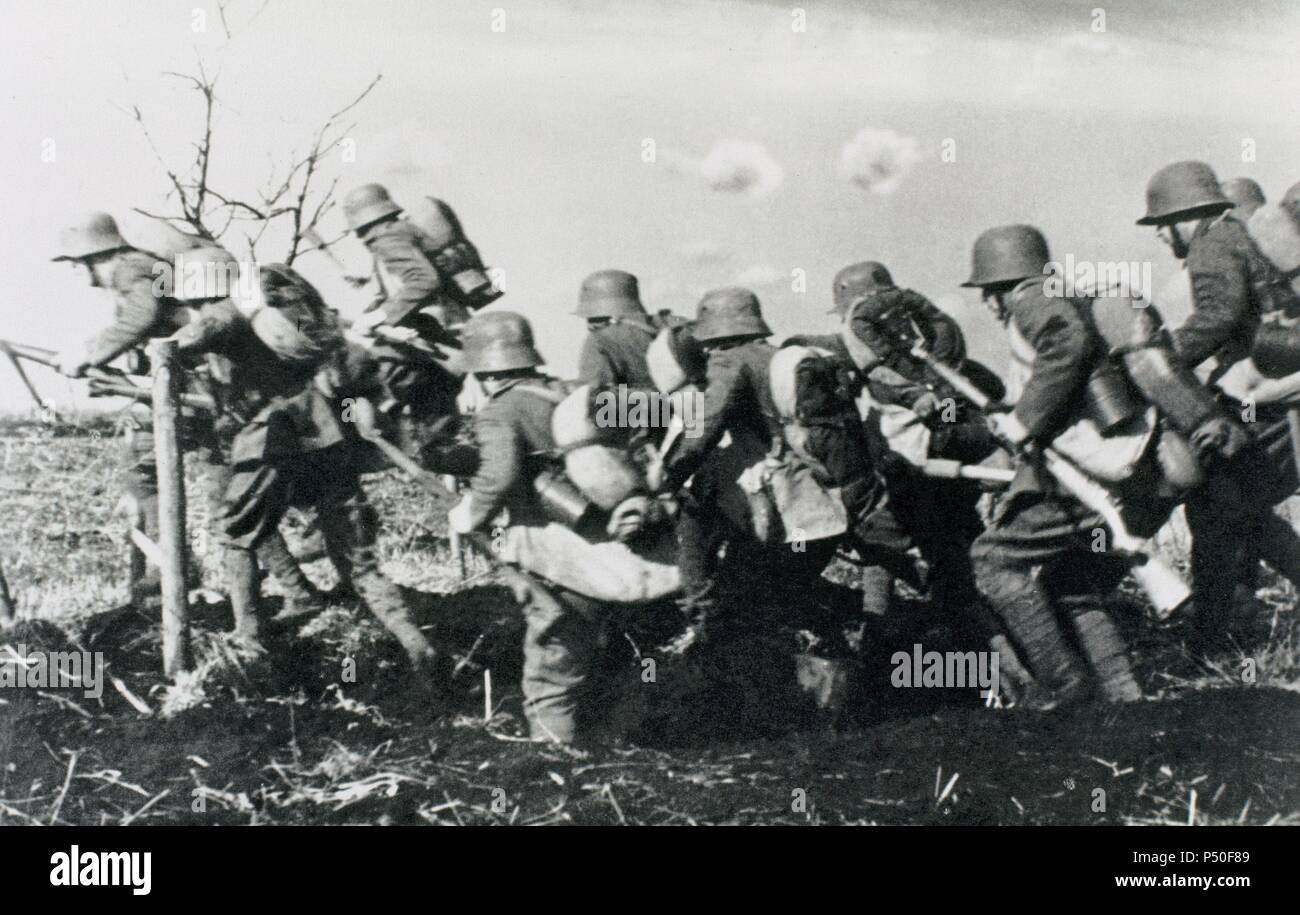 World War II (1939-1945). Charging the German infantry on the battlefield. 1937. Library of Congress. Washington. United States. Stock Photo