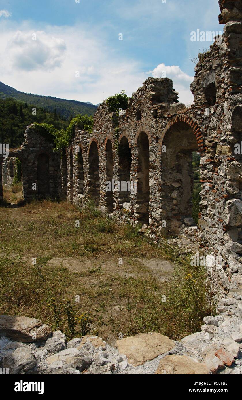 Greece. Mystras. Monastery of Agia Sophia. Ruins of refectory. Peloponnese. Stock Photo