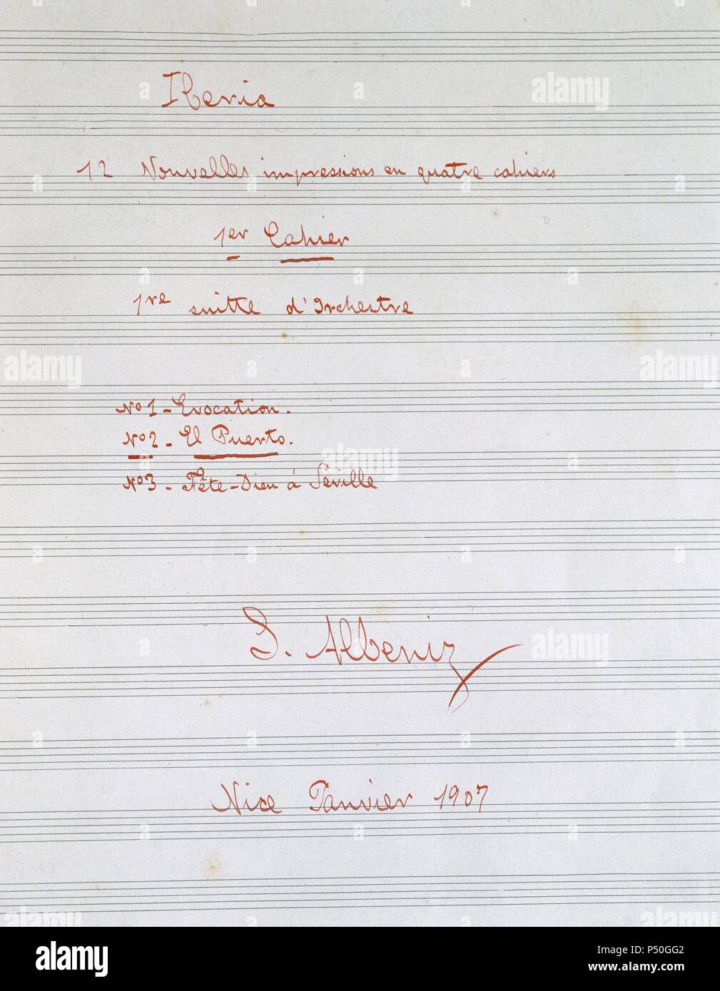 Isaac Albeniz (1860-1909). Spanish pianisth and composer.  Iberia. Suite for piano with 12 pieces in 4 books. 1¼ quadern:' Evocacion, El Puerto, El Corpus Christi en Sevilla, 1907'. Stock Photo