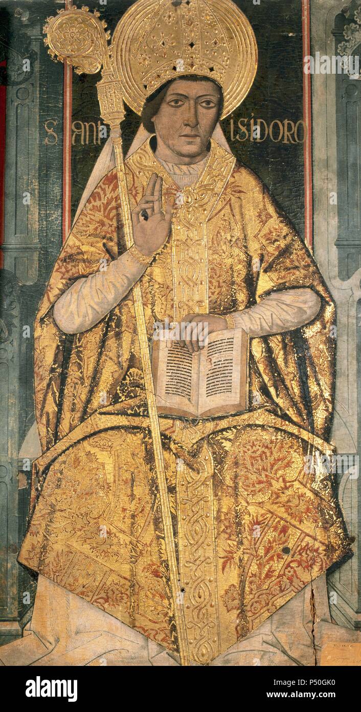 Saint Isidore of Seville (c. 560Ð636). Bishop, confessor and Doctor of the Church. Altarpiece of Saint Isidore. 15th century. Diocesan Museum of Calatayud. Province of Zaragoza. Aragon. Spain. Stock Photo