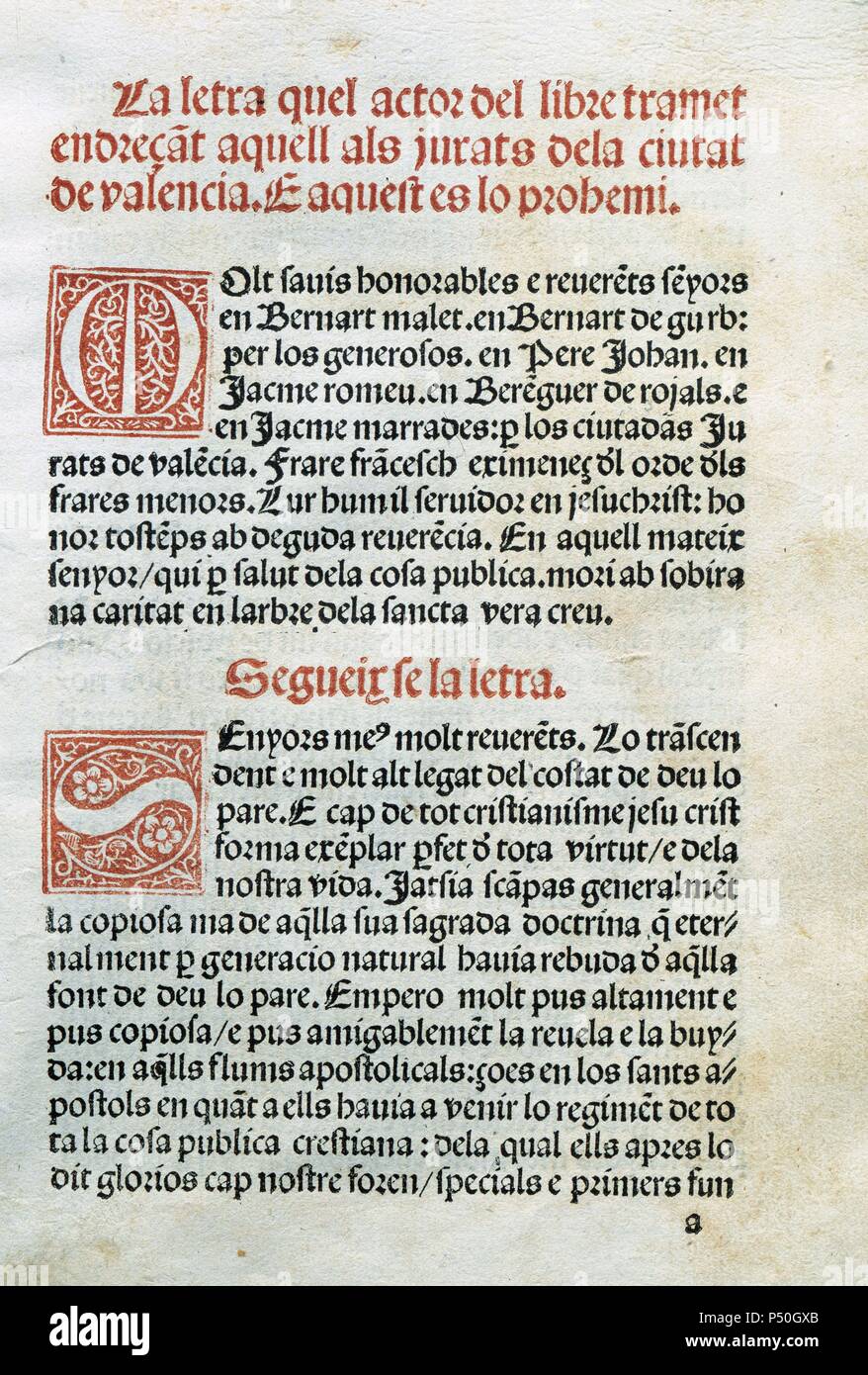 Francesc Eiximenis (1327-1409). Spanish writer. Regiment of the public thing (Regiment de la cosa publica). Prologue. Incunabula. Stock Photo