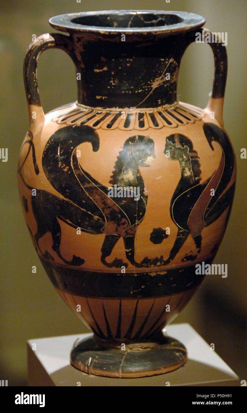 Amphorisc decorated with black figures representing Sphinx. Chalkidiki  style. Attributed to the workshop of the painter Phineus. Dated between  540-530 b.C. Museum of Cycladic and Ancient Greek Art. Athens. Greece Stock  Photo -
