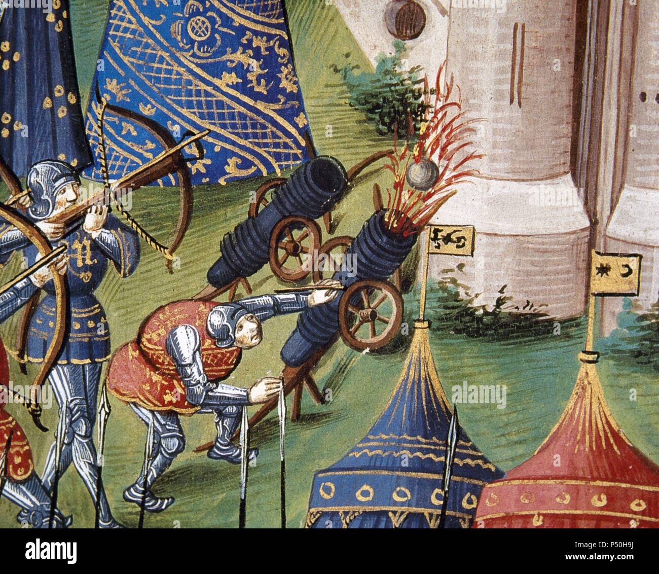 Medieval army. Artillery. Soldiers during a siege city. Guns and crossbows. Miniature. 15th century. Chateau of Chantilly. France. Stock Photo