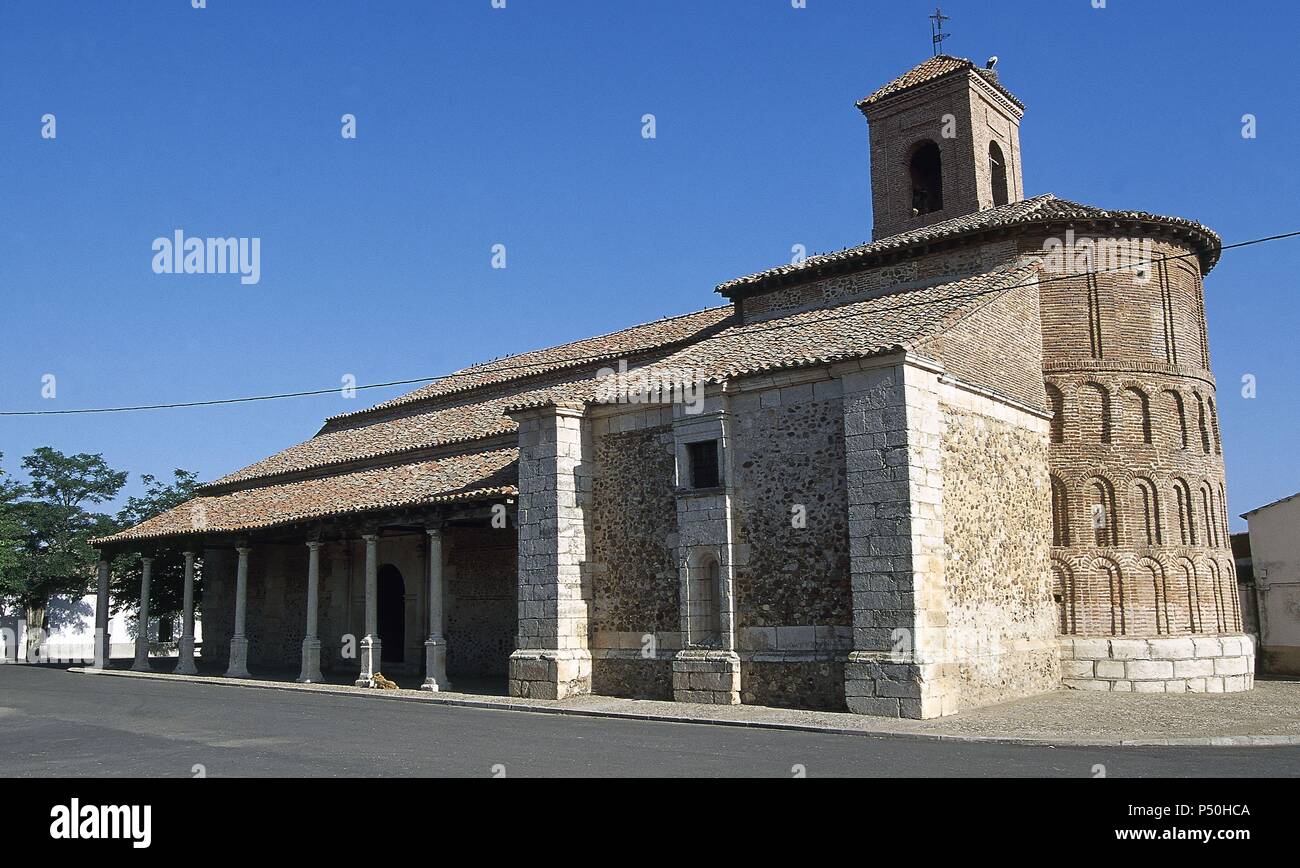Spain. Cubillo de Uceda. Church of the Assumption of Our Lady. Built in Mudejar Romanesque style in the thirteenth century. Exterior. Stock Photo