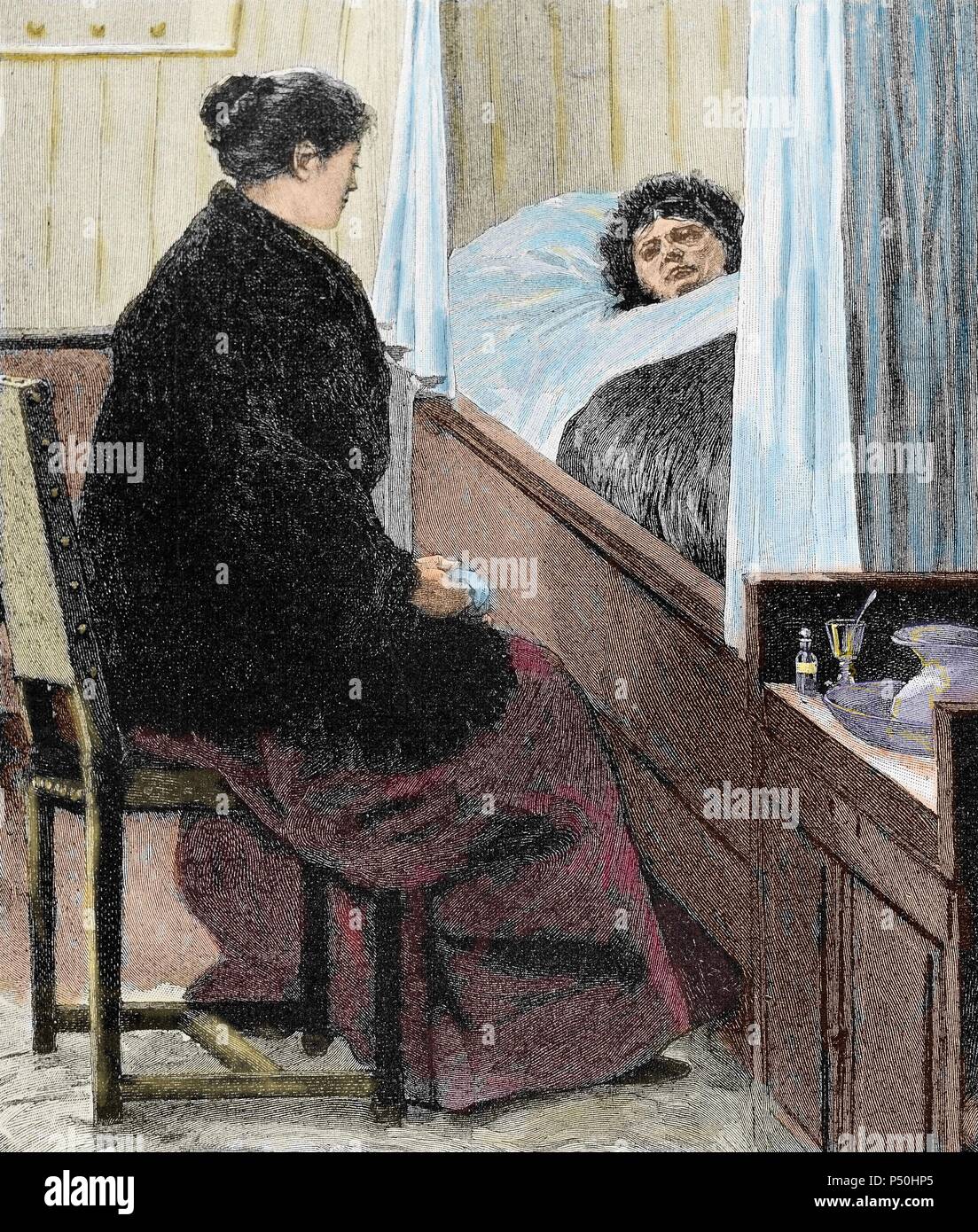 Visiting a sick woman. Colored engraving of 'The Artistic Illustration,' 1892. Stock Photo