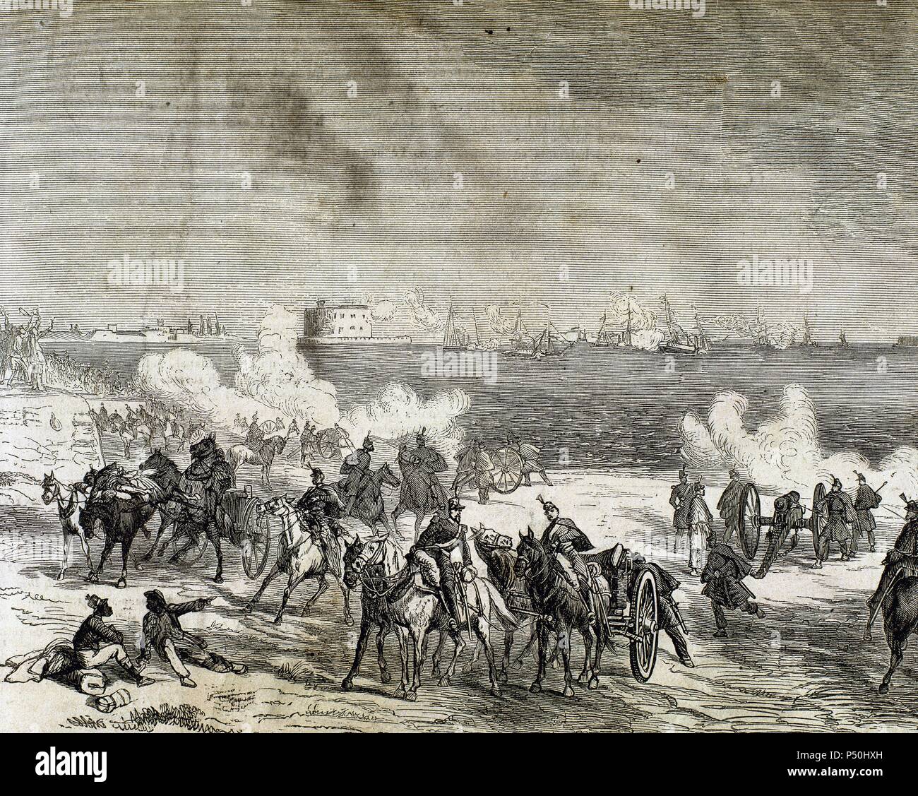 United States. The American Civil War (1861-1865). The batteries in the federal army from the shores of the James River, giving the signal approximation of Merrimac and two Confederate steamers. Engraving. Stock Photo
