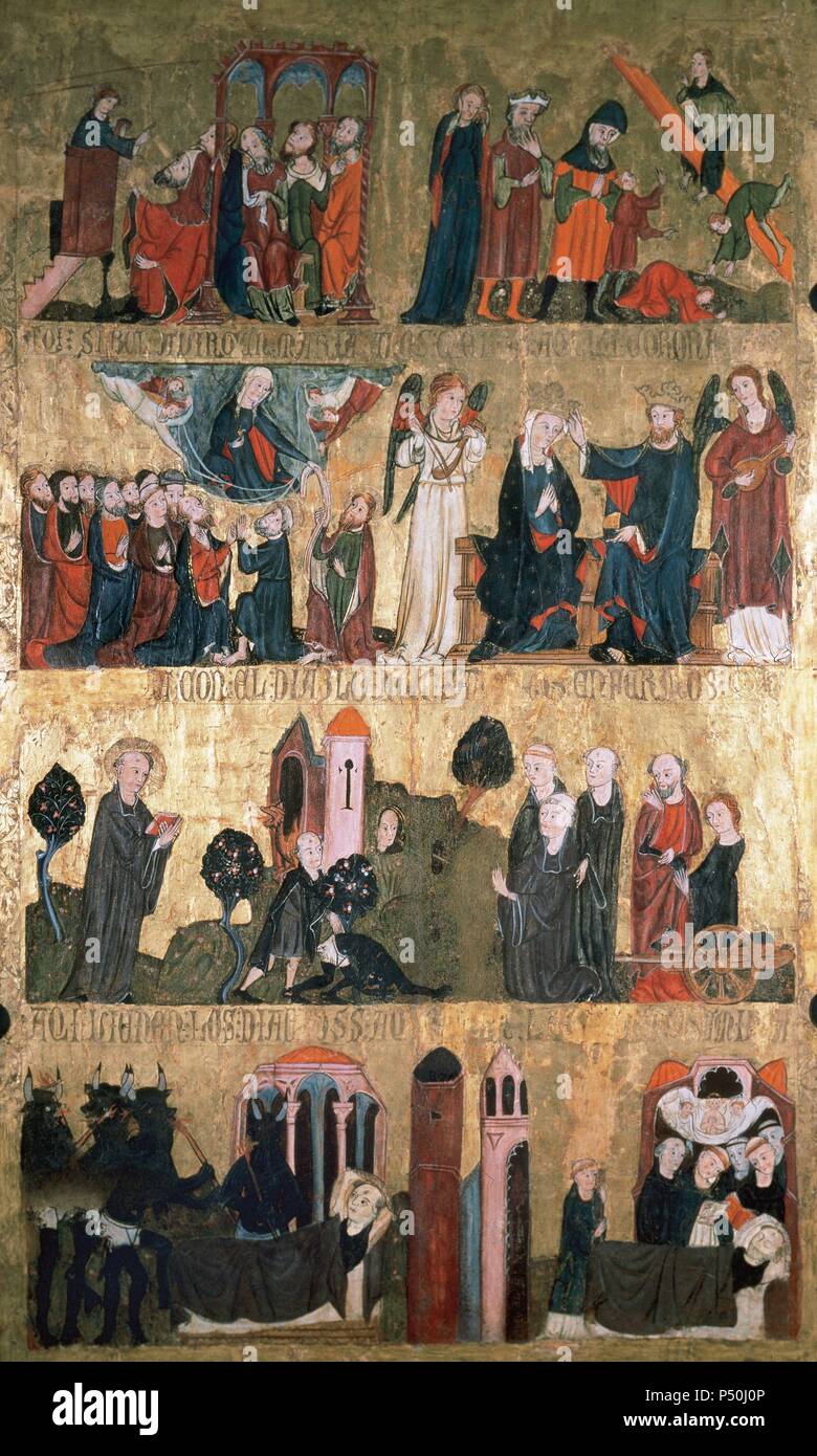 Gothic art. St. Emilian tables. It represents scenes from the life of St.  Emilian and the Virgin. Late 14th century. Tempera. Inside of the right  door of the altarpiece. Monastery of St.