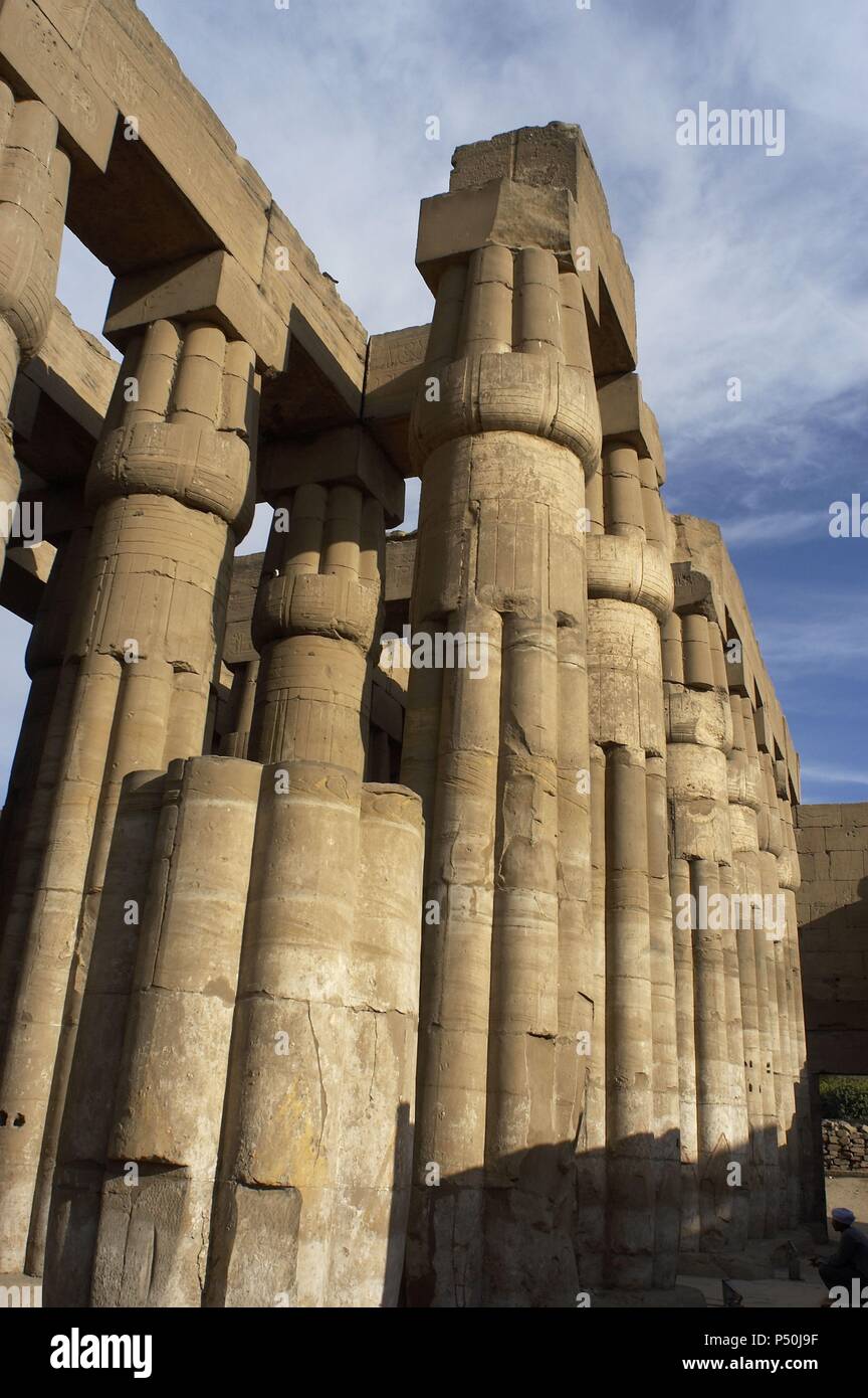 EGYPTIAN ART.  LUXOR. TEMPLE.  Papyrus capitals of the hypostyle.  Kingdom. Ancient Thebes 'Waset. Stock Photo