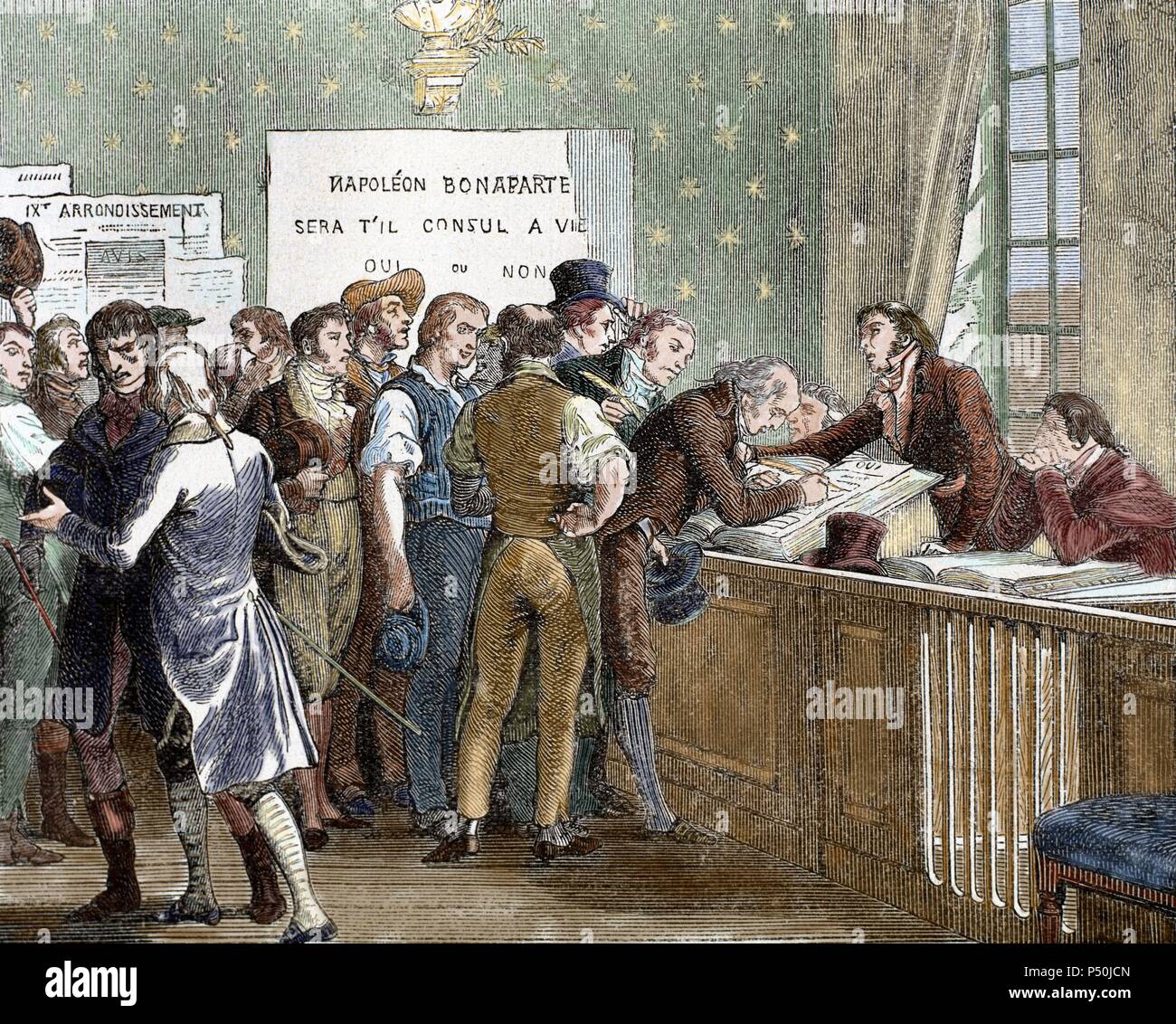 Napoleon Bonaparte (1769-1821). Military and political leader of France and Emperor of the French as Napoleon I. Vote to confer the life Consulate of Napoleon Bonaparte. Colored engraving. Stock Photo