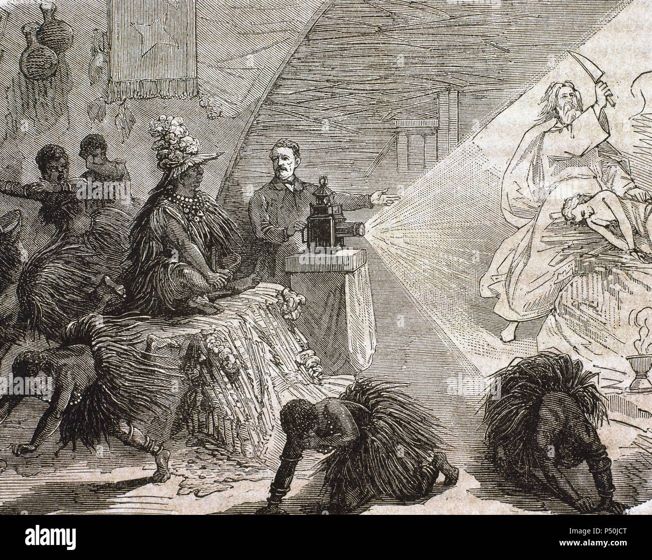Africa. European settler instructing the natives by a projection with the unit called 'Magic Lantern'.  Engraving from 1879. Stock Photo