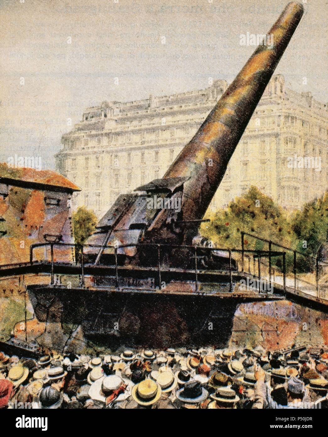 PRIMERA GUERRA MUNDIAL (1914-1918). GRAN BERTHA M42. Pieza de artillería alemana utilizada para bombardear París en 1918. Fabricada por Krupp y diseñada por el ingeniero Rausenberger. La Domenica del Corriere (1918) . Stock Photo