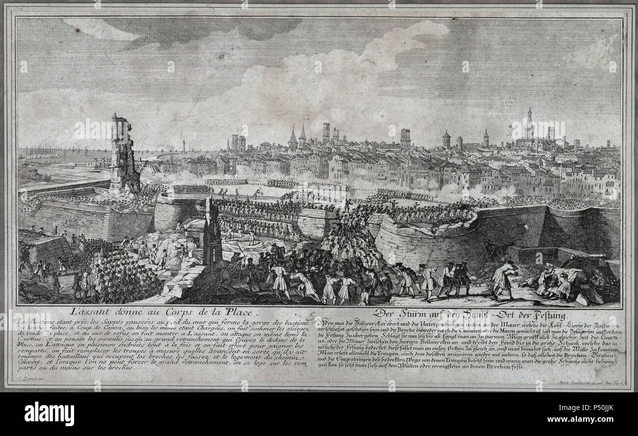 War of Spanish Succession (1702-1715). Entry of the troops of Philip V in Barcelona in 1714, opening gaps in the wall of the city with guns and mines, to render the place. Drawing by P. Rigaud and engraving by M. Engelbrecht, 1722. Historical Museum of Barcelona. Catalonia. Spain. Stock Photo