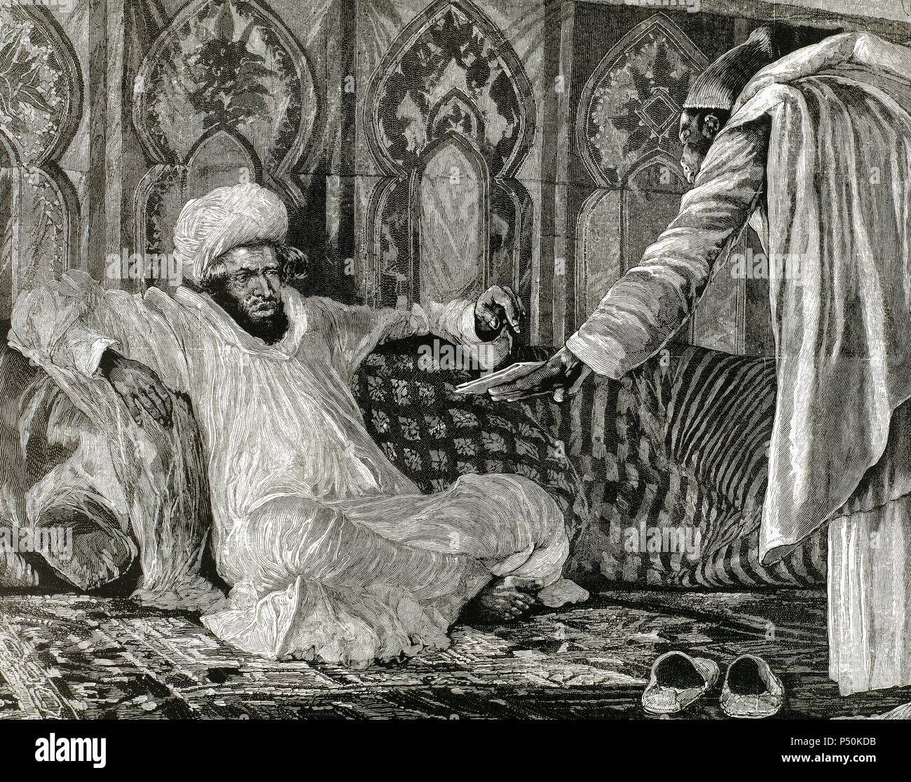 Hassan I (1836-1894). Sultan of Morocco between 1873 and 1894, member of the Alaouite dynasty. The Sultan receives a dispatch. 19 th century engraving R. Caton Woodville. Stock Photo