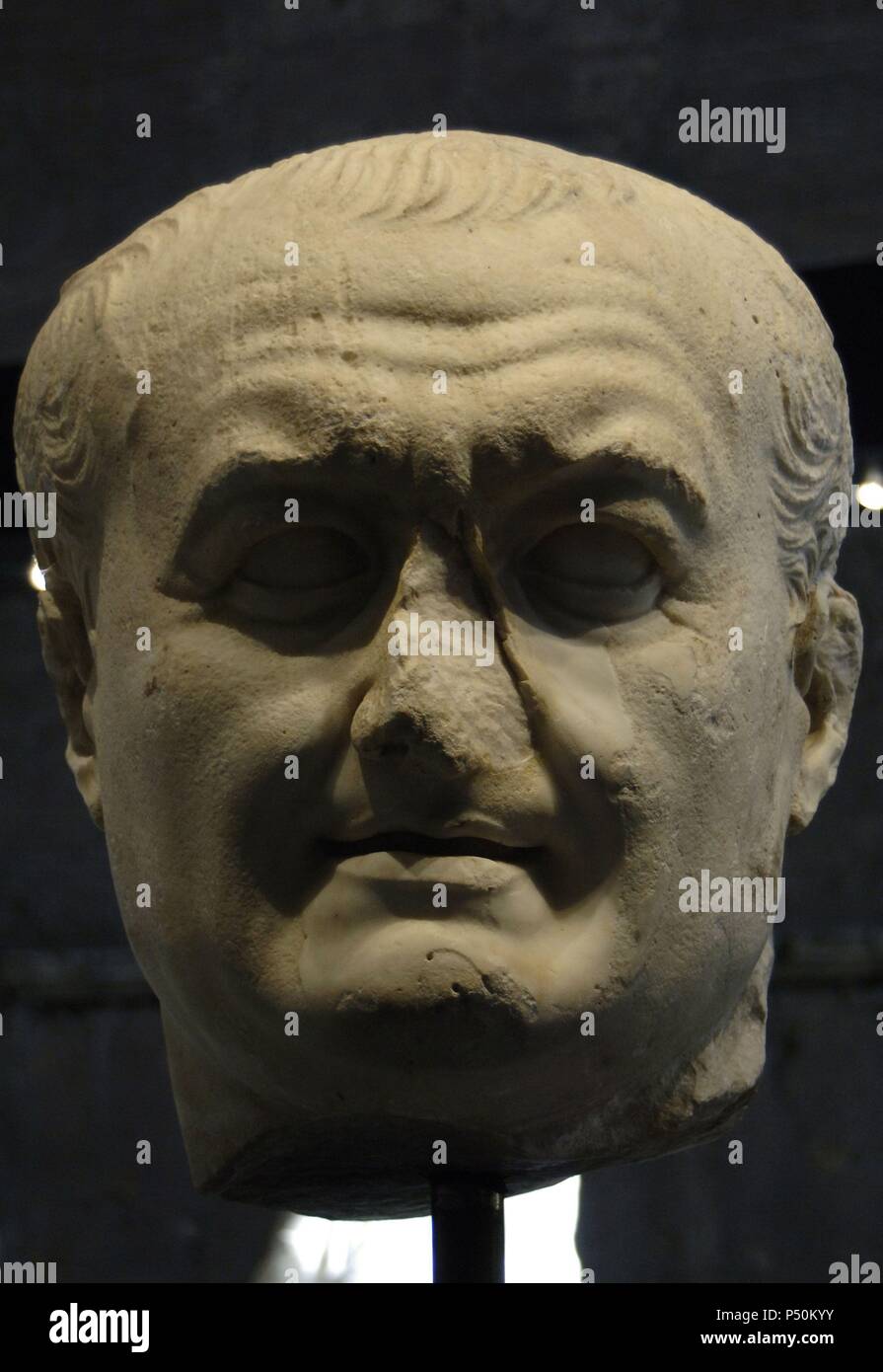 Vespasian (9-79). Roman Emperor. Founder of the Flavian dynasty. Colossal Head. Marble. From National Archaeological Museum (Naples). Temporary exhibition, Vespasian. The two-thousandth anniversary of the Flavian Dynasty. Roman Forum. Rome. Italy. Stock Photo