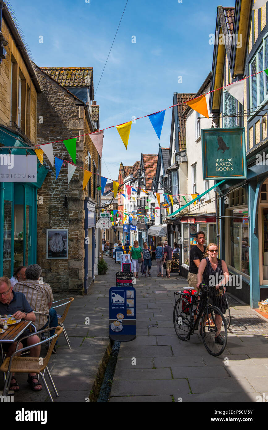 Cheap Street, Frome, with its iconic small shops during the Frome festival Stock Photo