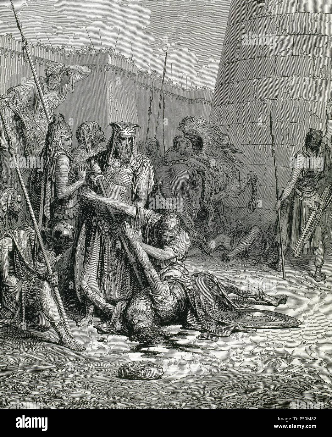Abimelech (nineteenth century BC). Philistine king of Gerar (southern Palestine). Death of Abimelech. Engraving by E. Goebel on an illustration by Gustave Dore´ (1833-1883) for 'The Bible in Pictures.'. Stock Photo