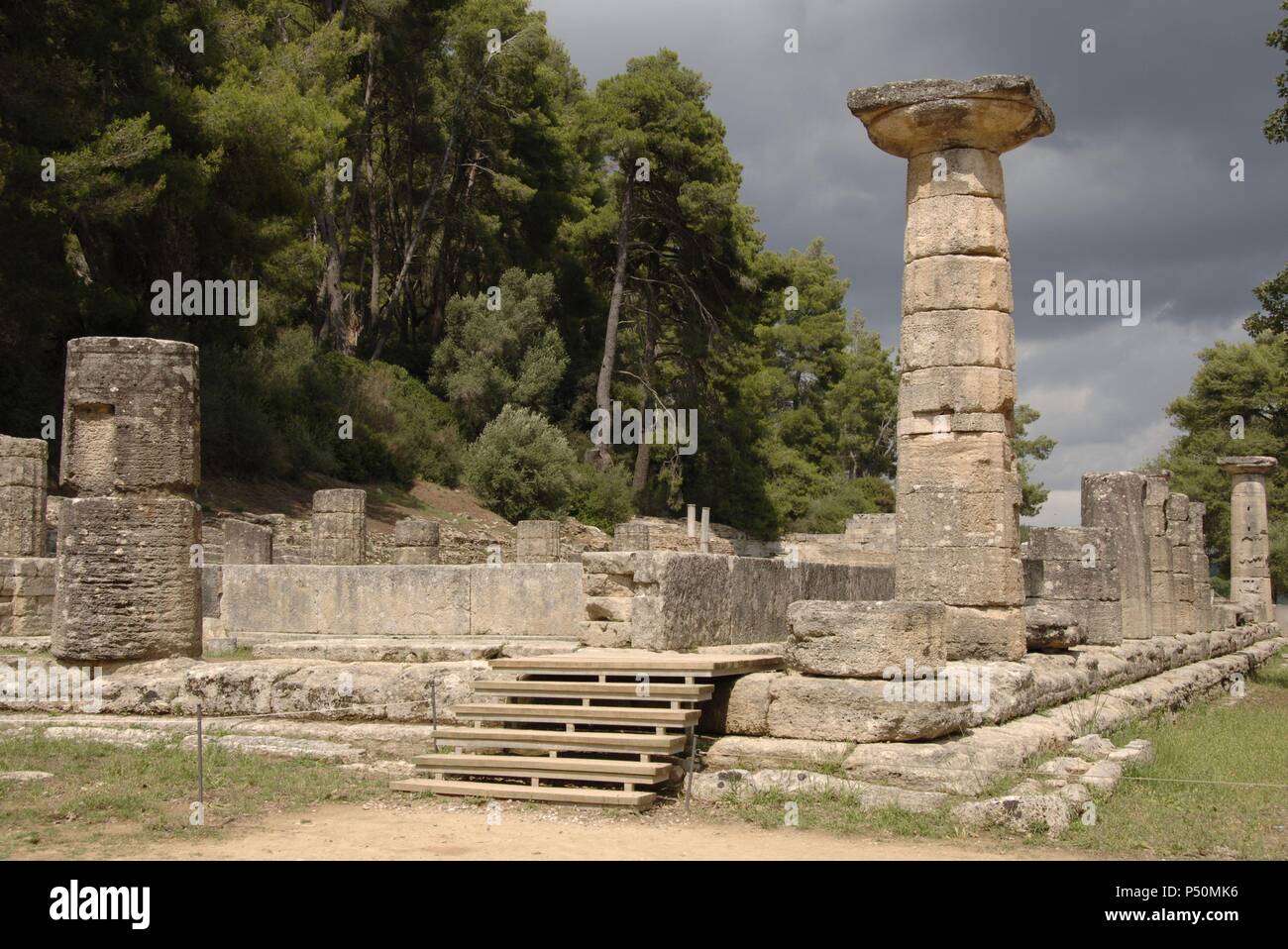 Temple of Hera (Heraion). Doric style. Peripteral and hexastyle. 6th century B.C. General view. Altis. Sanctuary of Olympia. Ilia Province. Peloponnese region. Greece. Stock Photo