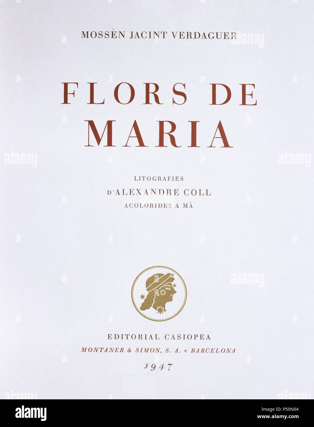 VERDAGUER, Jacint (1845-1902). Poeta en lengua catalana. 'FLORS DE MARIA' (1902). Portada de la primera edición de 1947. Stock Photo