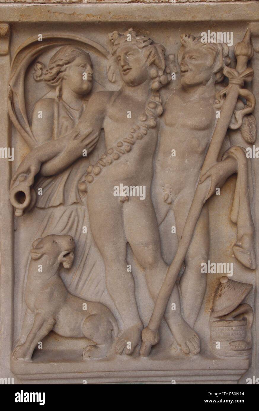 Dionysus, god of wine. Relief of roman sarcophagus depicting Dionysos with Maenad, satyr and Panther. Vatican Museums. City of the Vatican. Stock Photo