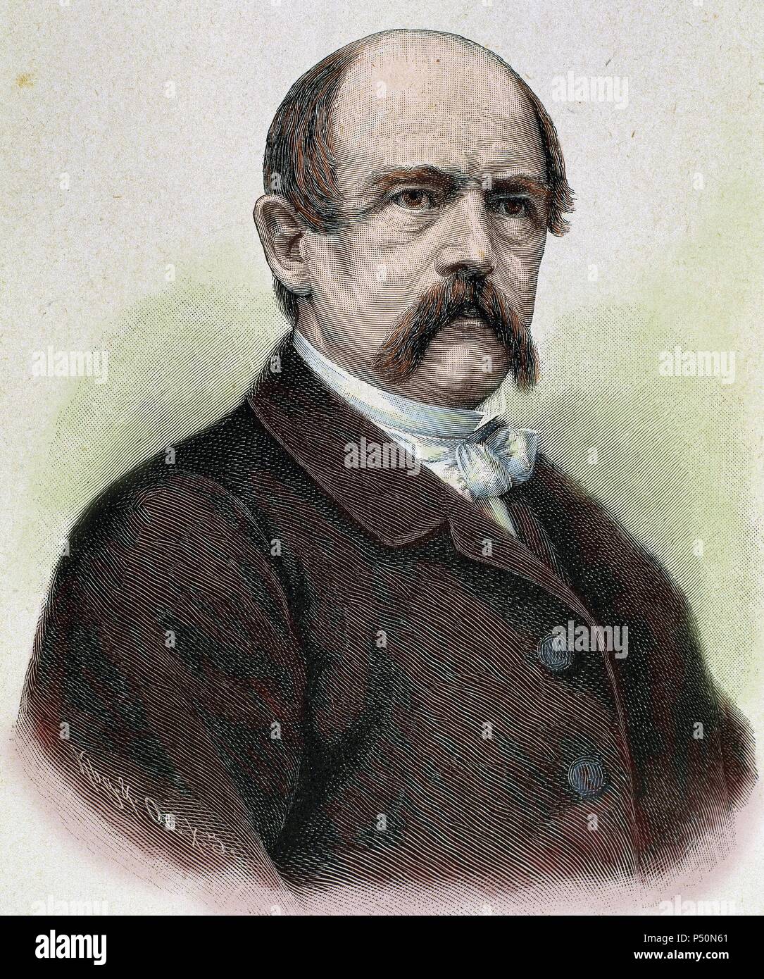 BISMARCK, Otto-Leopold, Prince of (1815-1898). German statesman. Nineteenth-century engraving. Colored. Stock Photo