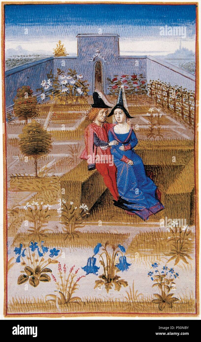 Two lovers in the garden. Miniature. Chantilly castle. France. Stock Photo