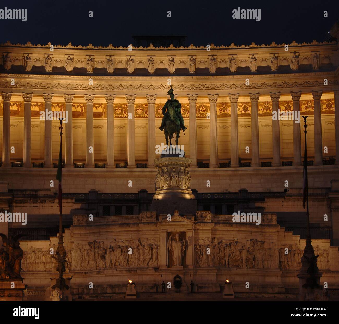 Italy. Rome. National Monument of Victor Emmanuel II. Night view. Built between 1885 and 1911 to celebrate the advent of Italian unification in 1870 and the rise to the throne of the first king of Italy. Venice Square. Stock Photo