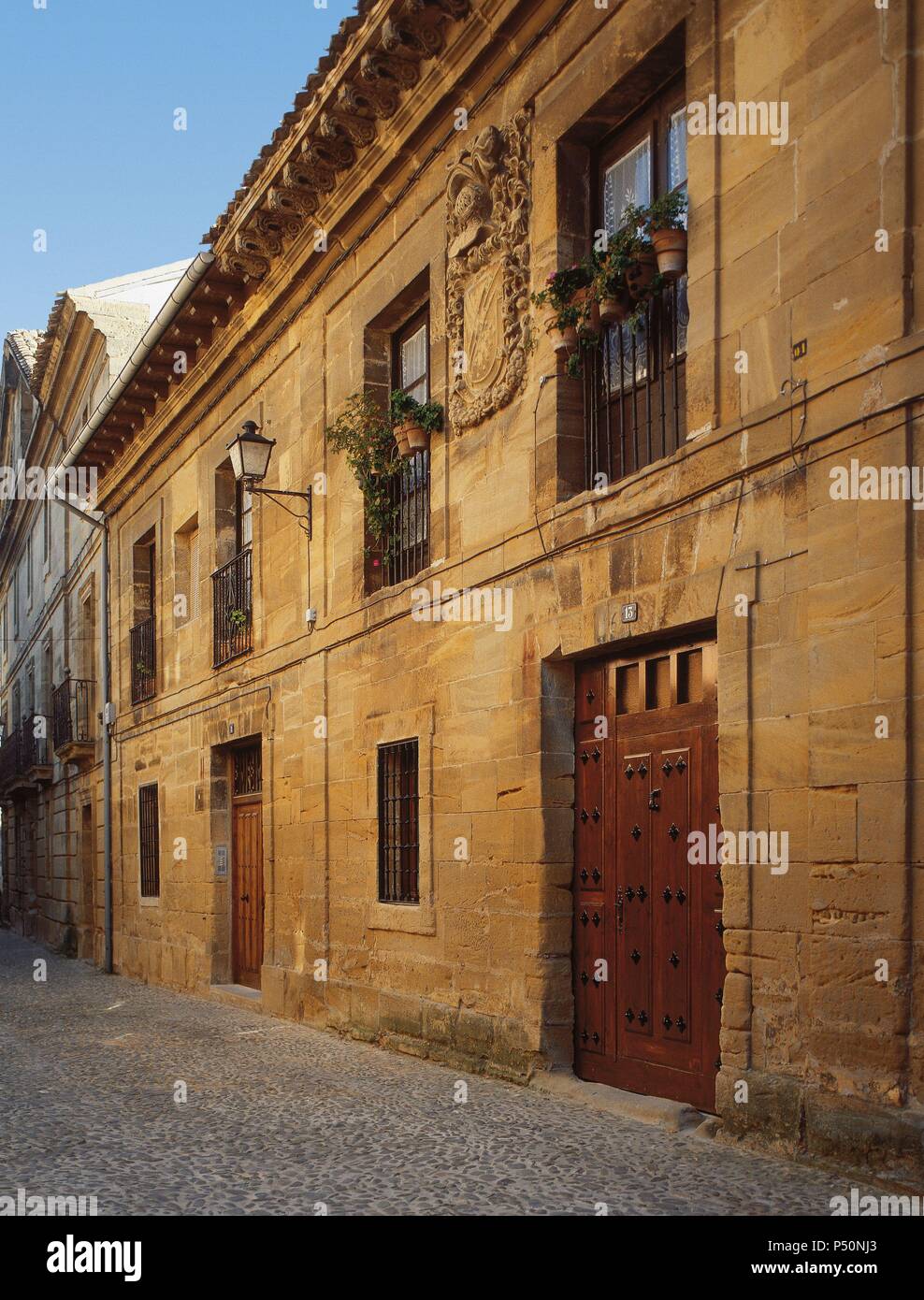 Spain. La Rioja. Briones. House with coat of arms. Maestro Juan Jose Bergareche street. Stock Photo