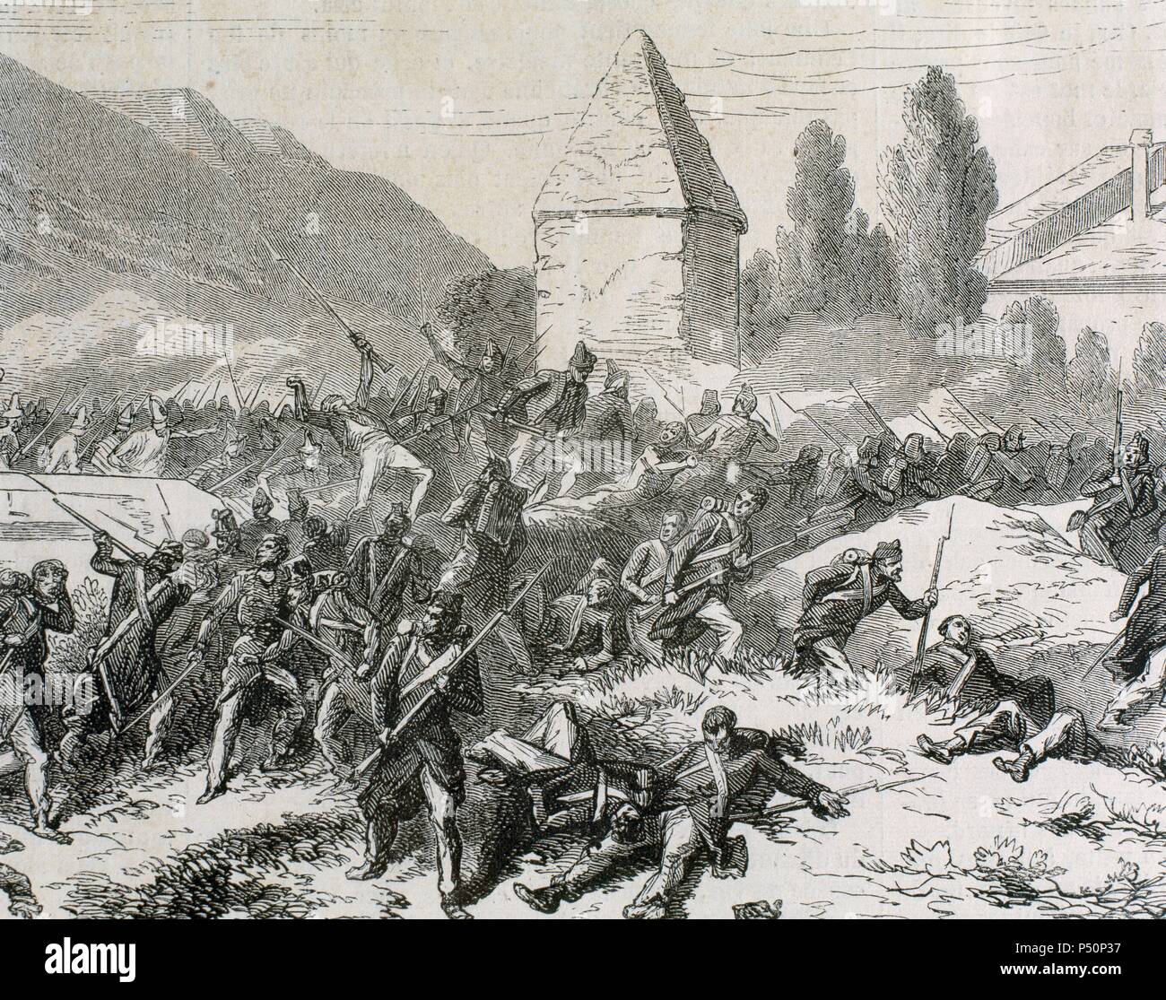 Italian unification (1859-1924). Battle of Volturno (1860). Neapolitans recoil to the other side of the aqueduct of Ponte della Valle. Engraving. 'L'Illustration' (1860). Stock Photo