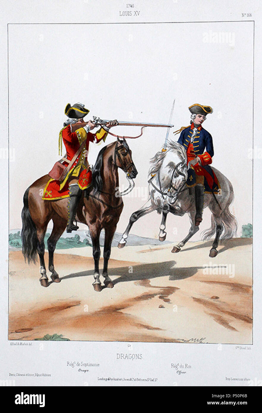 1745 - dragons à cheval – uniformes Louis XV - planche 166 - Alfred de  Marbot Stock Photo - Alamy