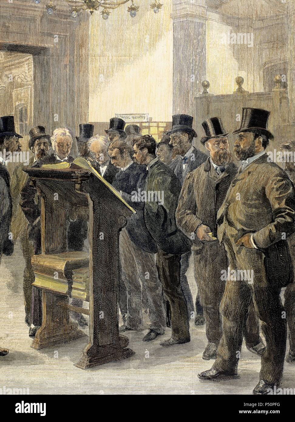 London Stock Exchange. Shipowners and merchants consulting the Lloyd's Loss Book. Colored engraving. 'The Spanish and American Illustration', 1886. Stock Photo