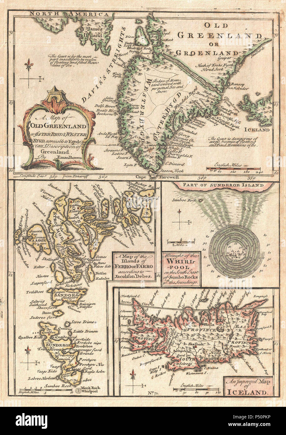 1747 Bowen Map of the North Atlantic Islands, Greenland, Iceland, Faroe Islands (Maelstrom) - Geographicus - OldGreenland-bowen-1747. Stock Photo