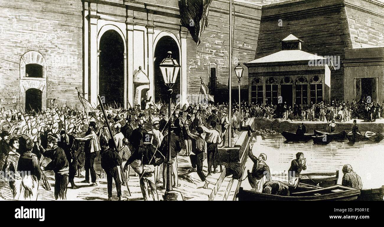 Cantonal Revolution. Rise of the federals in Cartagena. The soldiers of the regiment Iberia and the sailors of the warships fraternize with the insurgents. July 24, 1873. Spain. Stock Photo