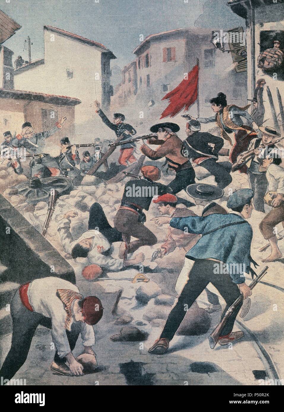 Barricade in the streets of Barcelona (Catalonia, Spain). Riots during the General Textile Strike in the city. February, 1902. Promoted by anarchist groups and labor movements. Gravure in 'Le Petit Journal', 9th March, 1902. Stock Photo