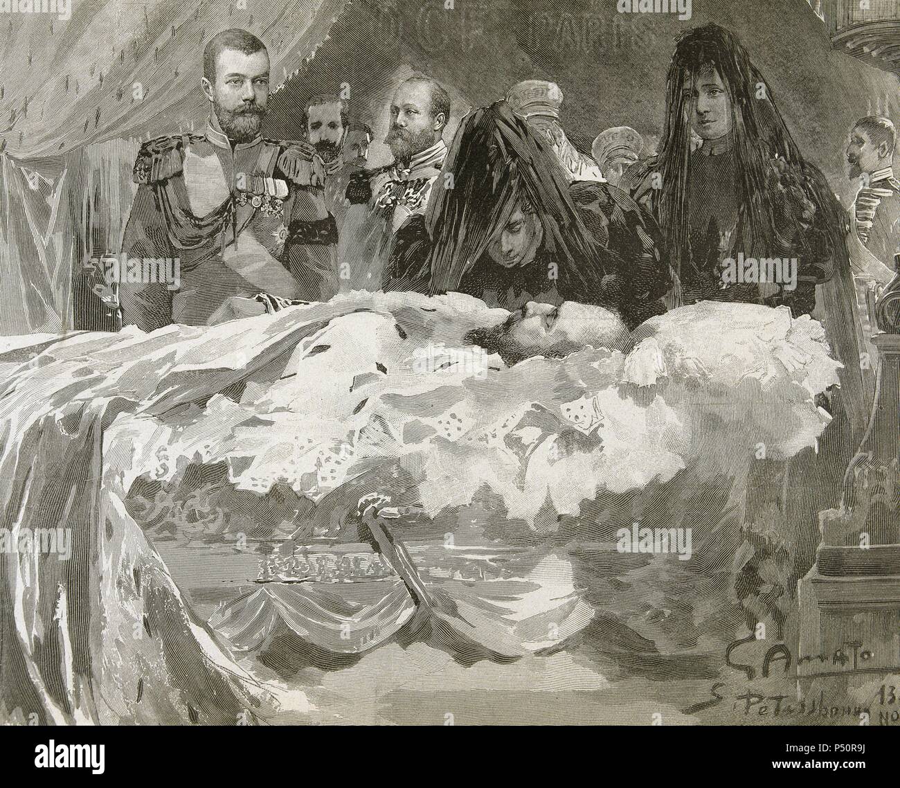 ALEJANDRO III (1845-1894). Zar de Rusia (1881-1894), hijo y sucesor de Alejandro II. 'MUERTE DE ALEJANDRO III. LA FAMILIA IMPERIAL, CON EL FUTURO ZAR NICOLAS II'. S. XIX. Grabado de 'L'Illustration'. Stock Photo