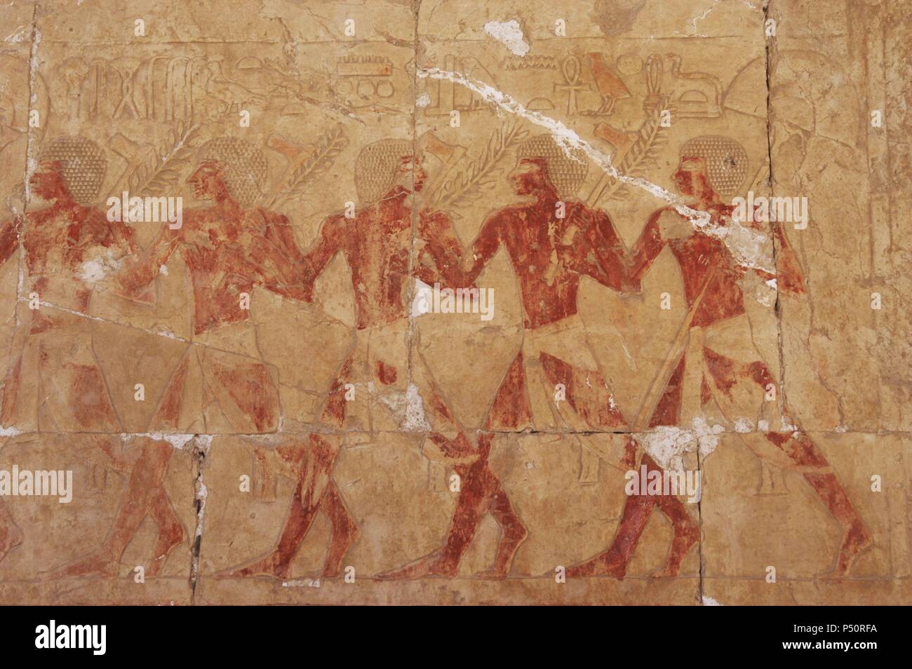 Egyptian soldiers in the expedition to the Land of Punt. Temple of Hatshepsut.  C. 1490 b.C.18th Dynasty. New Kingdom.  Deir el-Bahari. Egypt. (PR). Stock Photo