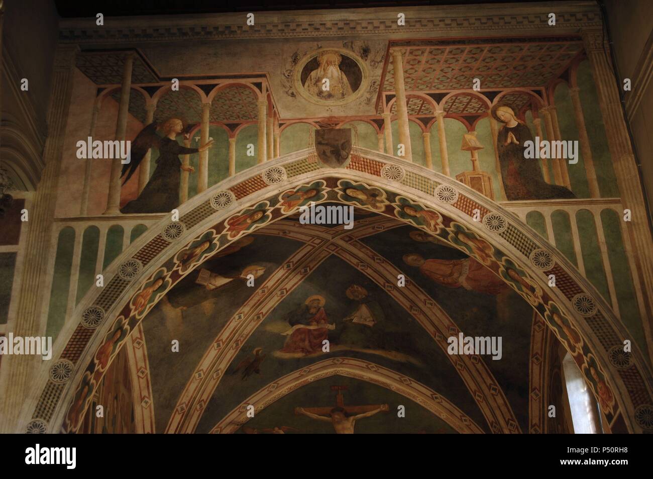 Italy. Rome. The Basilica of Saint Clement (Basilica di San Clemente al laterano). St. Catherine Chapel. Fresco, 1425-1431, by Masolino da Panicale (1383-1447). The Annunciation with God the Father in a medallion. Stock Photo