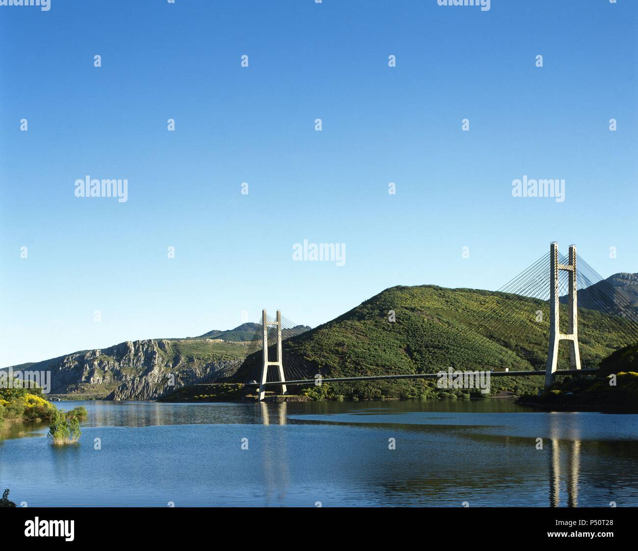 Spain. Castile and Leon. Barrios de Luna reservoir. Finished in 1956. At the background, the  motorway A-66 over the cable-stayed bridge. Stock Photo