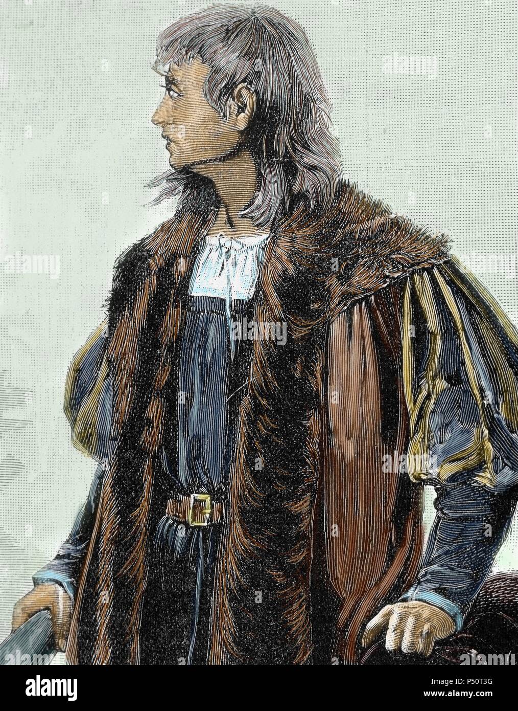 Christopher Columbus (1451 -1506) . Navigator, colonizer, and explorer. Colored engraving. Stock Photo