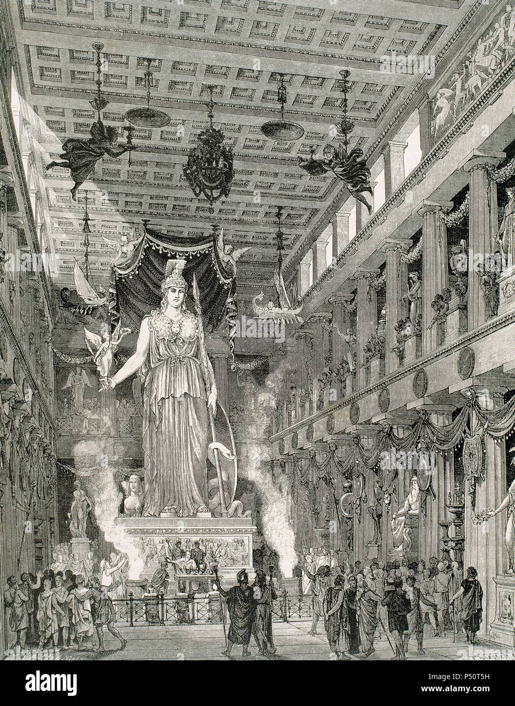 History of Greece. Athens. Reconstruction of the Parthenon. Cella where the statue of the goddess Parthenos was located. Engraving. Stock Photo