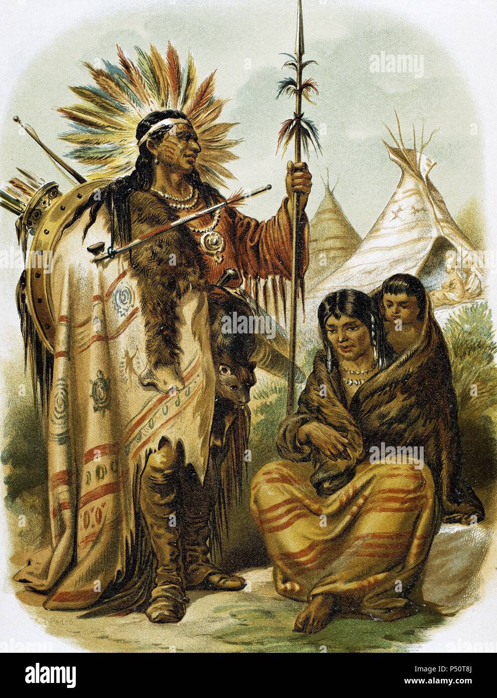 American indians. Indian red race. Colored engraving, late 19th century. Stock Photo