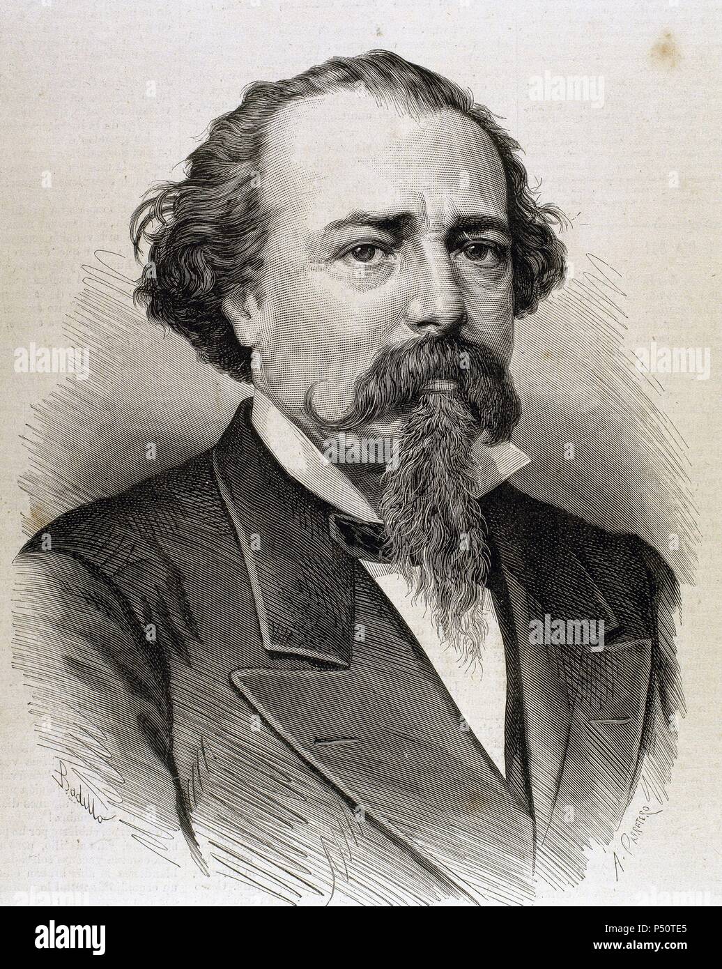 Lopez de Ayala, Adelardo (1828-1879). Poet, playwright and Spanish politician. Engraving from 1879. Stock Photo