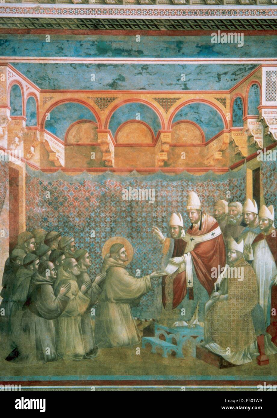 Gothic Art. Italy. Giotto di Bondone (1266/7-1337). Italian painter and architect. Pope Innocent III approving the monastic rule of St. Francis of Assisi (1296). Fresco of the Upper Church of St. Francis. Assisi. Italy. Stock Photo