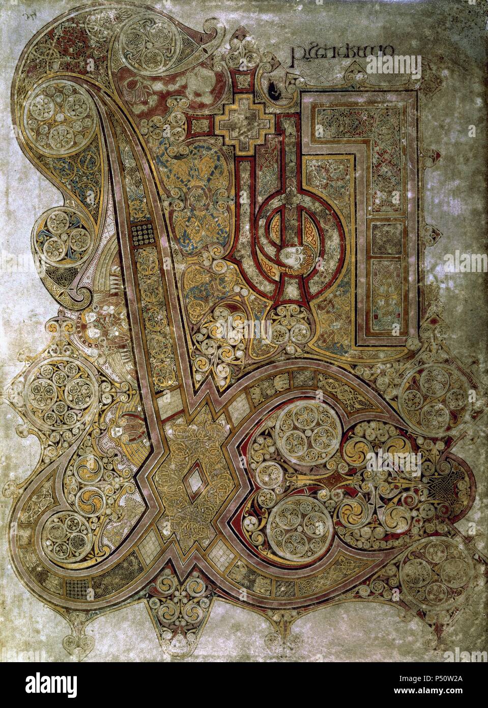 The Book of Kells. Chi Rho monogram. Folio 34r. 8th century. Trinity College Library. Dublin. Ireland. Stock Photo