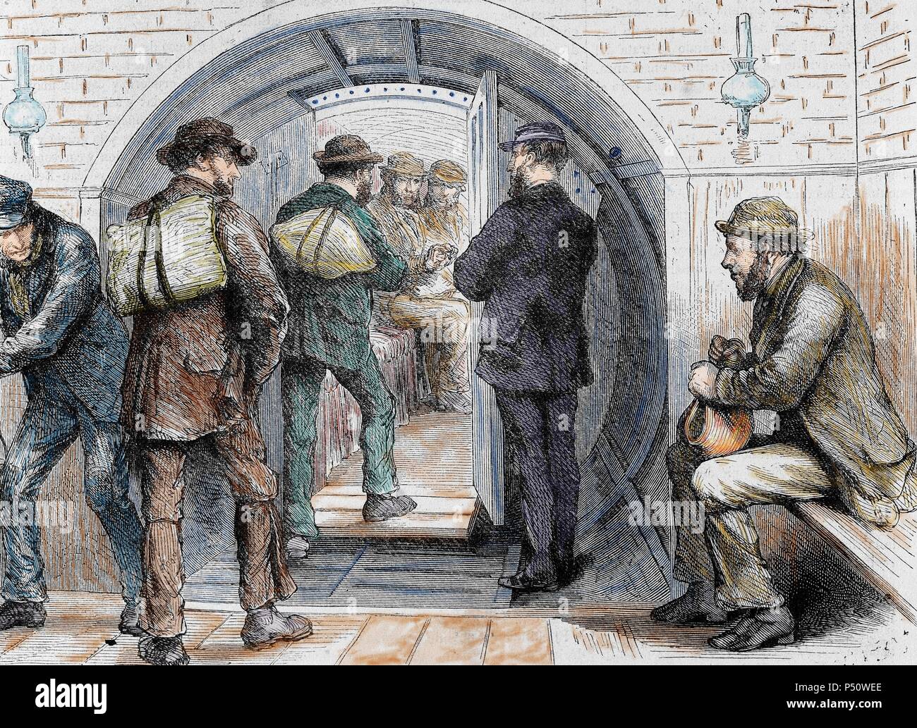 Tunnel in London. Workers going to their jobs. Colored engraving in