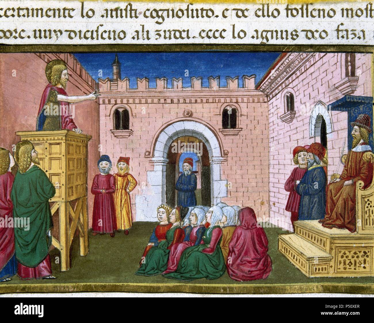 The Court of Herod with John the Baptist chained at the instigation of Herodias. Codex of Predis (1476). Royal Library. Turin. Italy. Stock Photo