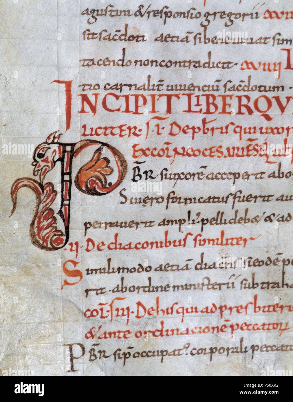 Miscellaneous Codex. Incunabula. 11th century. Carolingian letter. Initial. Manuscript 228, folio 39 v. Stock Photo