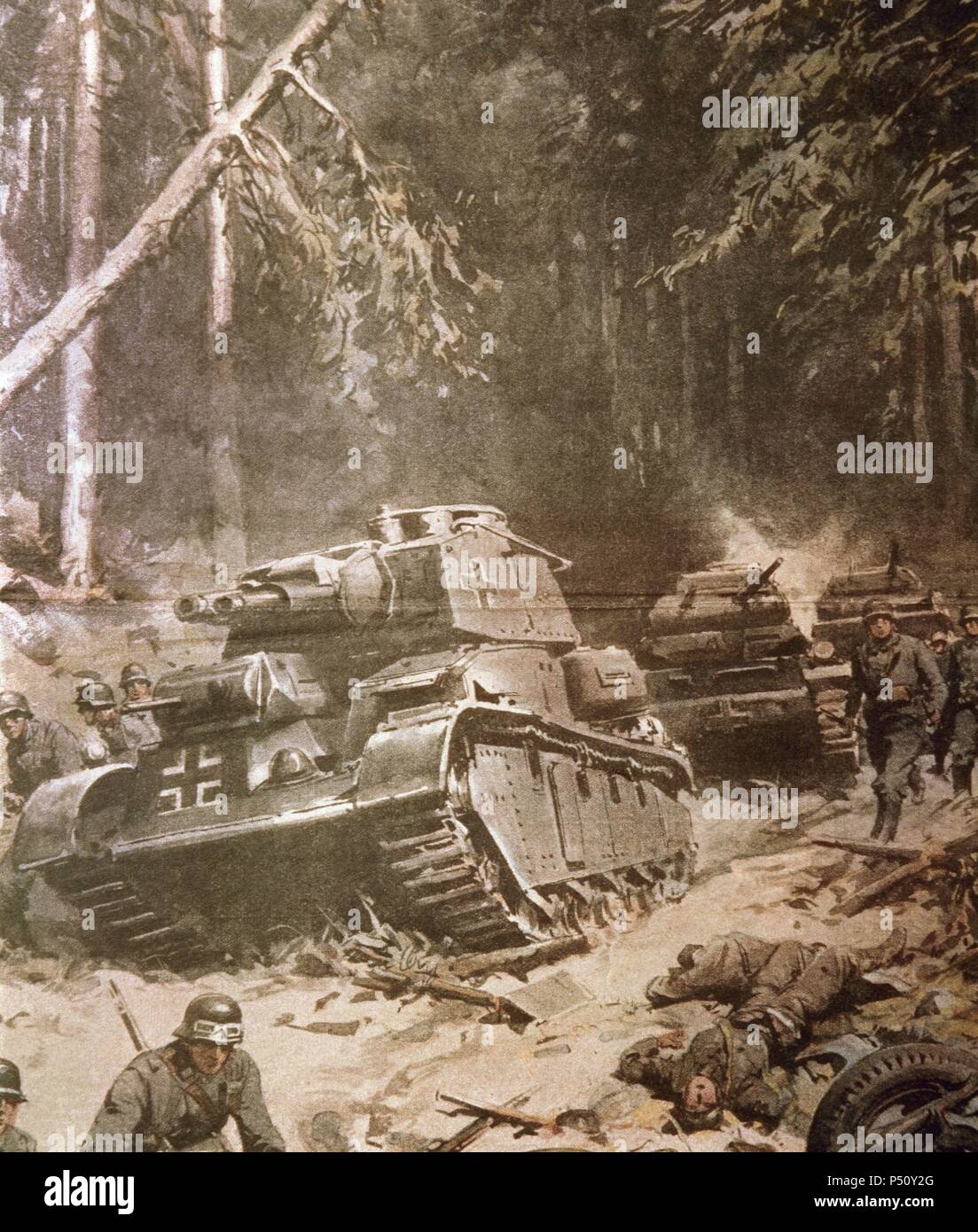 Second World War (1939-1945). German armored vehicles moving toward Paris. Illustration. Stock Photo