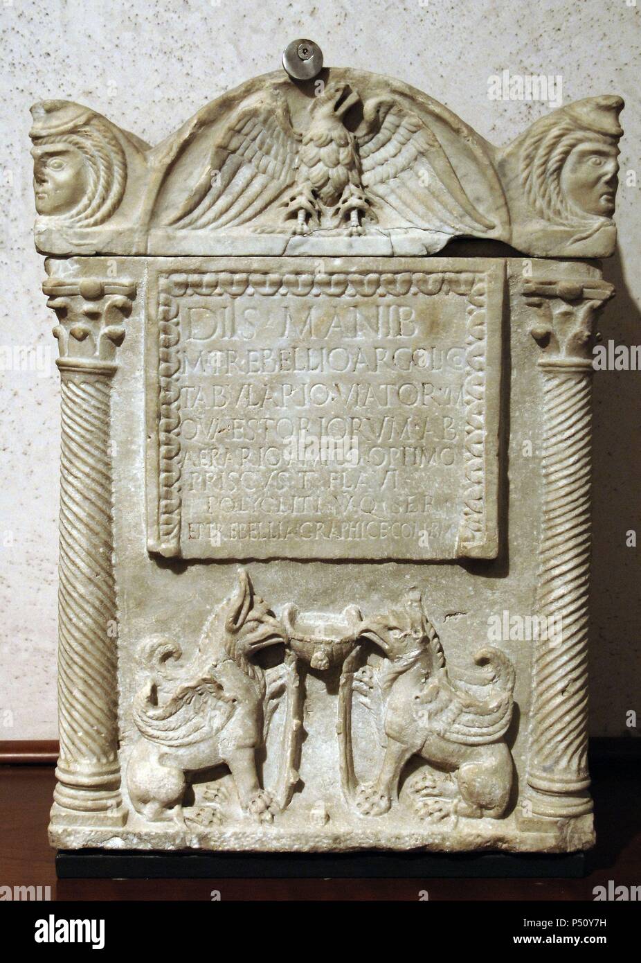Roman art. The cinerary altar of M. Trebellius Argoliucus, dedicated by his friend Priscus. The deceased was an archivist. From the Gate of St. Sebastian. National Roman Museum (Baths of Diocletian). Rome, Italy. Stock Photo
