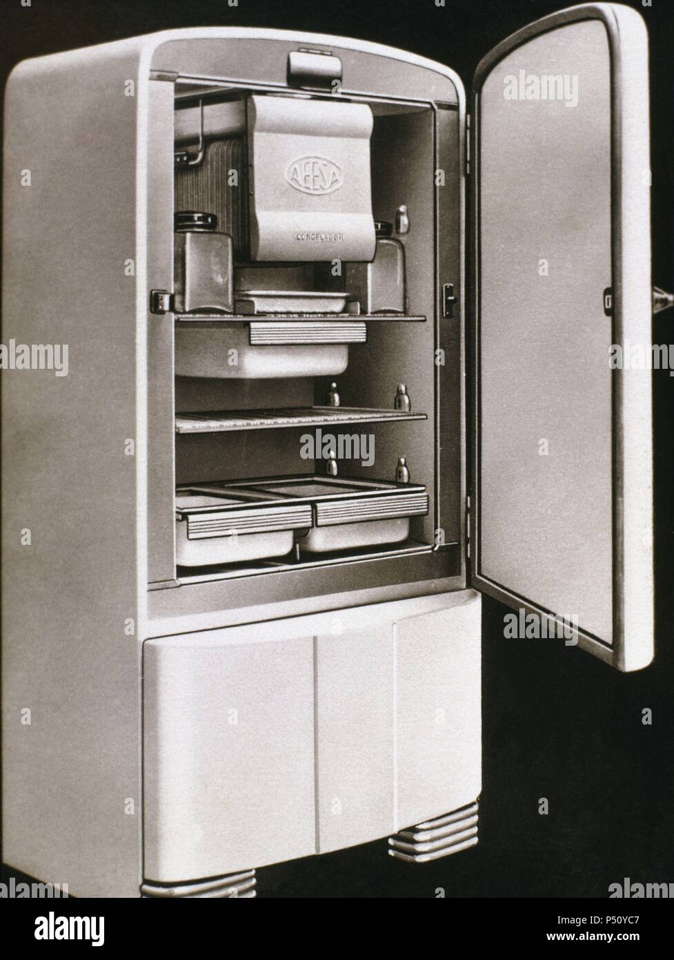 First electric refrigerator produced in Spain by AEESA brand (Anglo-Espanola de Electricidad SA). 50's. Stock Photo