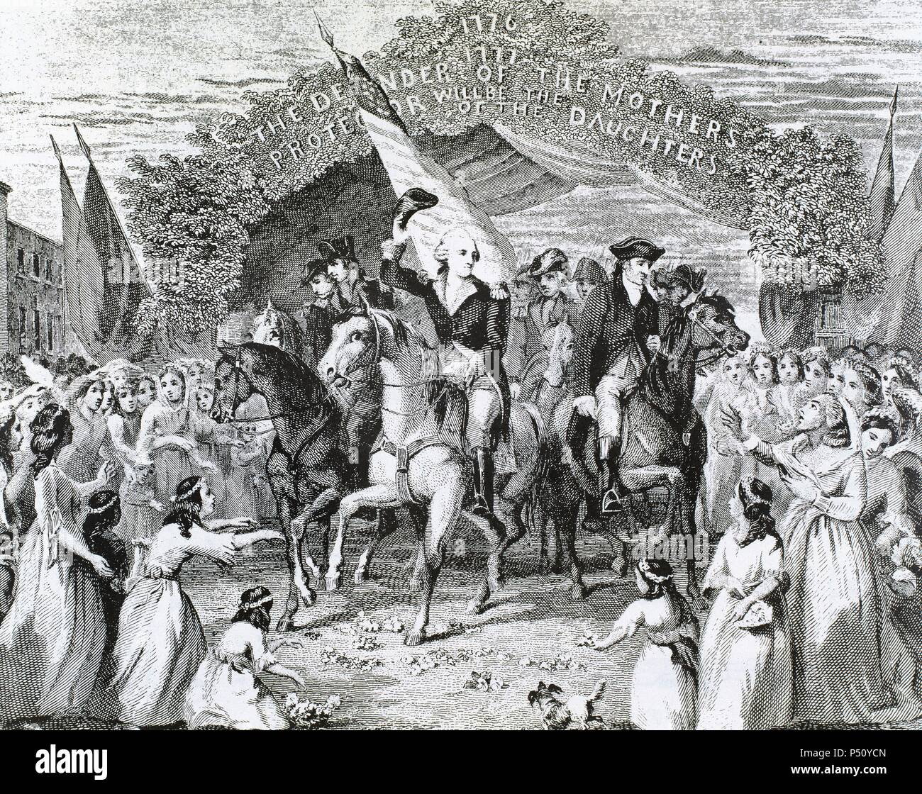 George Washington (1732-1799). Militar and american politician. First President of the United States (1789-1797). Washington returns victorious. Engraving.